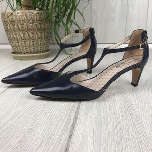 Boden blue patent leather pointed toe heels